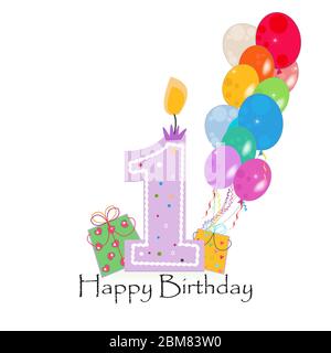 Happy First Birthday Kerze Vektor mit bunten Konfetti und Luftballons Stock Vektor