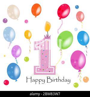Happy First Birthday Kerze Vektor mit bunten Konfetti und Ballons Vektor Illustration. Alles gute zum Geburtstag Karte Stock Vektor