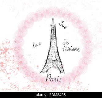 Am Eiffelturm. Poster Design paris, Jet'aime, Liebe Hand gezeichnete Buchstaben Vektor Illustration Stock Vektor