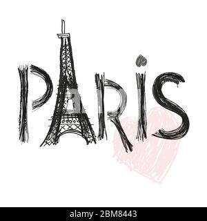 Eiffelturm. Paris handgezeichneter Buchstabe mit Herz-Vektor-Illustration Stock Vektor