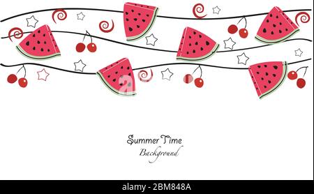Sommerzeit. Scheiben von Wassermelone und Kirsche Vektor Illustration Banner Stock Vektor