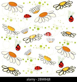 Daisy Feld und Dame Vogel Frühling Muster Vektor Hintergrund Stock Vektor