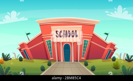 Schule . Tag des Wissens lustige Cartoon Hintergrund , warmen Herbst Bildung Karte Abdeckung in rot grün helle Farben mit klaren blauen Himmel Wolken . hoch s Stock Vektor