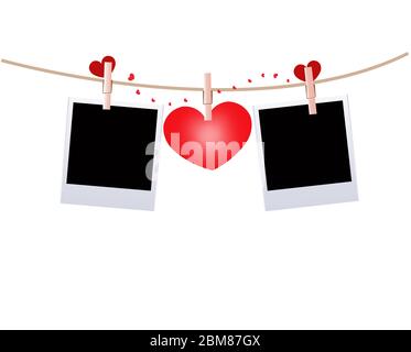 Hängen leer Foto und Herzen mit Herzen Wäscheklammern Vektor Hintergrund Stock Vektor