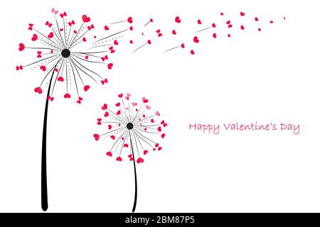 Happy Valentine's Day Love Löwenzahn mit roten Herzen Grußkarte Vektor Hintergrund Stock Vektor