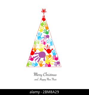 Weihnachtsbaum mit bunten Baby Hand drucken Vektor background.eps Stock Vektor