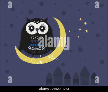 Eule sitzt auf dem Mond in der Nacht Vektor Hintergrund Stock Vektor