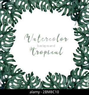 Aquarellrahmen mit tropischen Palmenblättern. Illustration Stockfoto