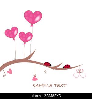 Rosa Herz Ballons, Herzen und Marienkäfer Grußkarte Vektor Hintergrund Stock Vektor