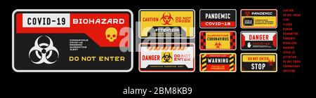 Set von Coronavirus Covid-19 Quarantäne Biohazard Warnung und Verbotszeichen. Schwarz, rot und gelb detailreiches Design. Epidemie und Pandemie warnen Stock Vektor