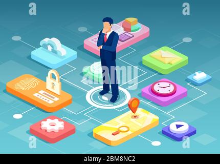 Vektor eines Geschäftsmannes in der Mitte der modernen Technologie Business-Tools, Cyber-Sicherheit und persönliche Datenschutz-System-Icons Stock Vektor