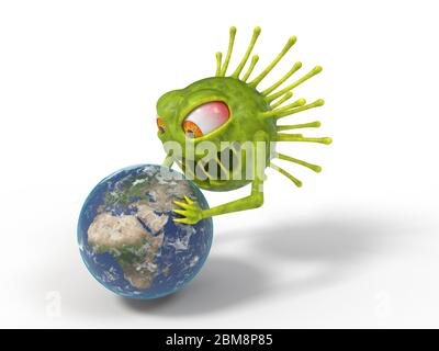 corona Virus Monster mit Attacken Erde. Geeignet für covid-19, Corona und andere Virus Themen. 3D-Illustration, Cartoon Virus Charakter Stockfoto