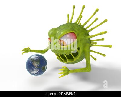 corona Virus Monster mit Attacken Erde. Geeignet für covid-19, Corona und andere Virus Themen. 3D-Illustration, Cartoon Virus Charakter Stockfoto