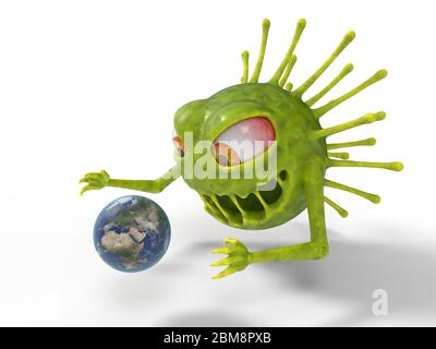 corona Virus Monster mit Attacken Erde. Geeignet für covid-19, Corona und andere Virus Themen. 3D-Illustration, Cartoon Virus Charakter Stockfoto