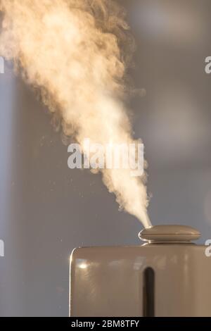 Nahaufnahme des Aromaöldiffusors auf dem Tisch zu Hause, Dampf aus dem Luftbefeuchter. Ultraschalltechnologie, Erhöhung der Luftfeuchtigkeit im Innenbereich, beruhigender Einsatz Stockfoto