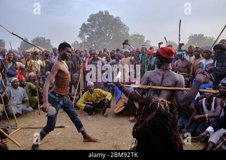 Junge Fulani Männer kämpfen in einem Sharo Festival. Sharo ist ein Fulani Festival, bei dem junge Fulani Jungs ihre Kraft und Ausdauer testen, indem sie ausgepeitscht werden Stockfoto