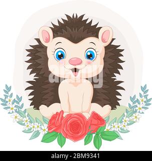 Cartoon Baby Igel mit Blumen Hintergrund Stock Vektor