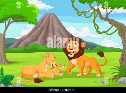 Cartoon lion Familie im Dschungel Stock Vektor