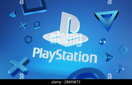 PlayStation-Logo leuchtet auf blauem Hintergrund um das Symbol für die Joystick-Taste der 3D-Konsole Stockfoto