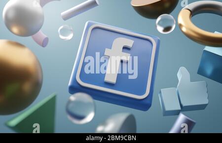 Facebook Logo rund um 3D Rendering abstrakte Form Hintergrund Stockfoto