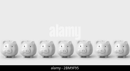 Monochromes Bild von sieben Sparschweinen, die in der Schlange stehen. Konzept der ausgegebenen Reserve Finanzreserven und die Wirtschaftskrise während der Coronavirus PAN Stockfoto