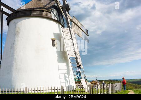 Retz: Windmühle, man entfernt Bleche von Windmühlenblättern, um die windgefährdetes Gebiet zu reduzieren, im Weinviertel, Niederösterreich, Niederösterreich, Aust Stockfoto