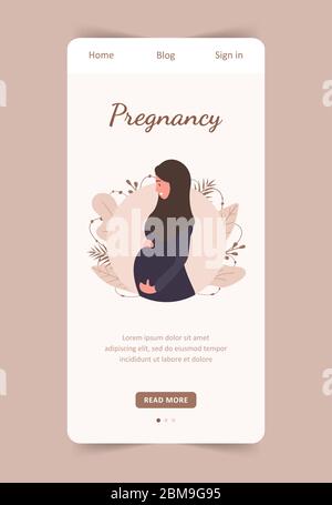 Muslimische schwangere Frau in Abaya und Hijab. Vorlage für Landing Page. Mobiler Hintergrund. Moderne flache Stil Vektor-Illustration. Stock Vektor