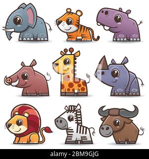 Vektor-Illustration von Wild Animals Cartoons Set. Niedliche Tiere. Stock Vektor