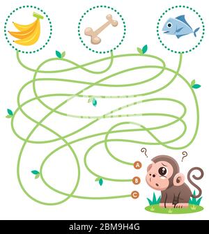 Bildung Labyrinth Spiel Affe mit Essen. Spiel für Kinder Stock Vektor