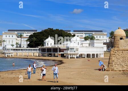 Unterwasser archäologischen Zentrum & La Caleta Strand, Altstadt, Cádiz, Andalusien, Spanien, Europa Stockfoto