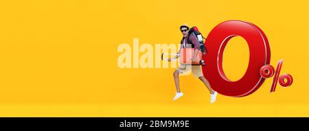 Aufgeregt schönen indischen Tourist Mann auf gelbem Banner Hintergrund mit Gepäck bereit für die Reise mit 0% Zinsen Ratenzahlung Plan zu gehen Stockfoto