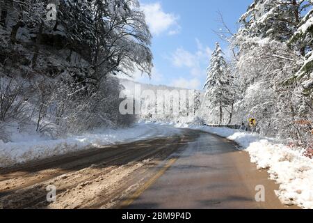 Asphaltierte Straße und blauer Himmel zwischen Winter Waldbäumen. Odaesan Nationalpark, Gangwon-do, Korea Stockfoto