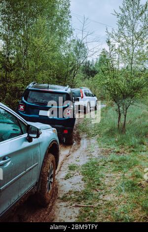 Drei suv-Autos auf Schlamm off Road Trail im Wald Stockfoto