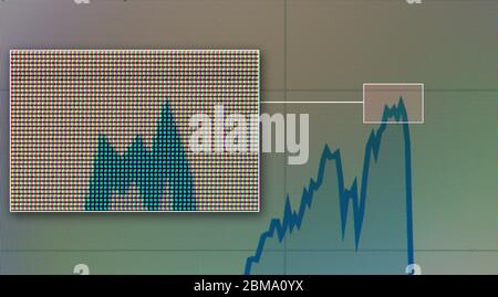 Zoom auf Grafik auf dem mobilen Bildschirm mit Pixeln Stockfoto