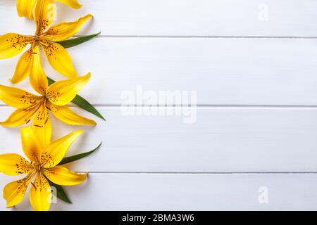 Große gelbe Blumen Lilien auf alten weißen schäbigen Hintergrund mit Kopierraum. Grußkarte mit Blumenmuster, flaches Lay. Helle Pflanzen am Rand der Vintage-Tab Stockfoto