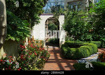 Pflanzengestaltung und Gebäudedekoration in der geodätischen Wintergartenkuppel von Climatron im BOTANISCHEN GARTEN von Missouri - Saint Louis, MO Stockfoto