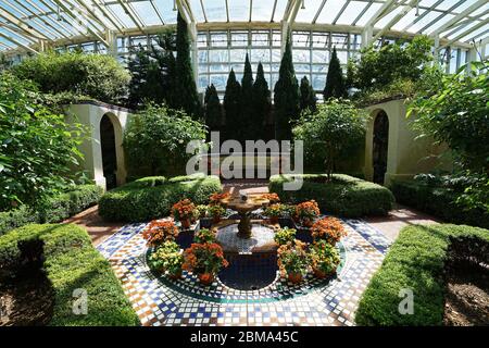 Natürlicher Brunnen in der geodätischen Wintergartenkuppel von Climatron im Missouri Botanical Garden - St.Louis Town, MO Stockfoto