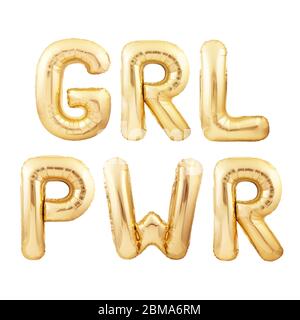 GRL PWR Abkürzung für GIRL POWER Zitat aus goldenen aufblasbaren Ballon Buchstaben isoliert auf weißem Hintergrund Stockfoto