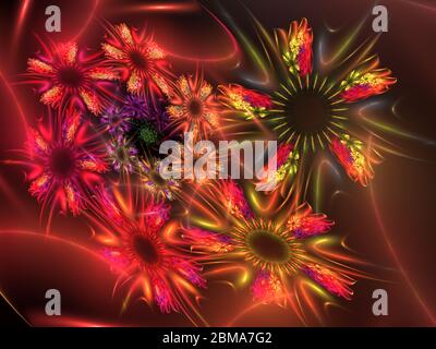 Blumenwirbel. Abstrakte Blumen Funken auf schwarzem Hintergrund. Fantasy fraktale Textur. Digitale Kunst 3D-Rendering. Stockfoto
