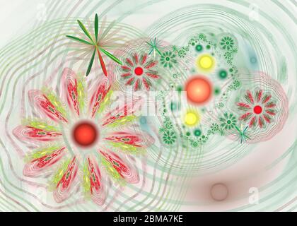 Abstrakte komplizierte Spiralblüten in hellen Farben. Digitale Fraktale Kunst. 3D-Rendering. Stockfoto