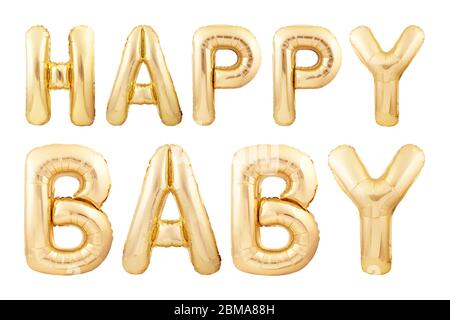 Happy Baby Phrase aus goldenen Folie Partei Ballons isoliert auf weißem Hintergrund Stockfoto