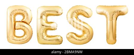 Wort am besten aus goldenen aufblasbaren Ballon Buchstaben isoliert auf weißem Hintergrund Stockfoto
