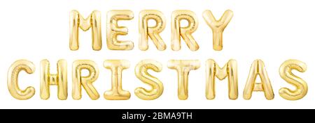 Wish FROHE WEIHNACHTEN aus goldenen aufblasbaren Ballons isoliert auf weißem Hintergrund Stockfoto