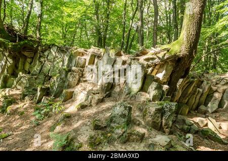 Basaltkrater Blauer Stein, Basaltkrater Felsformationen in einem Wald im Westerwald in Rheinland-Pfalz, Deutschland, Westeuropa Stockfoto