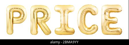 Wortpreis aus goldenen aufblasbaren Ballons auf weißem Hintergrund isoliert Stockfoto