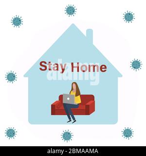 Frau zu Hause, die an einem Laptop arbeitet. We sat Home Slogan und Hashtag, flache Illustration. Vektor Stock Vektor