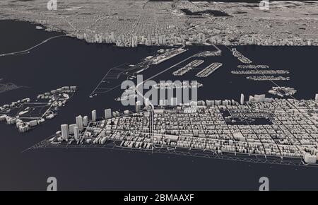 Miami, Florida, USA Stadtplan 3D Rendering. Satellitenansicht aus der Luft Stockfoto