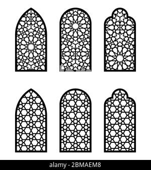 Arabisches Bogenfenster oder Türset. CNC-Muster, Laserschneiden, jali Design. Vektor-Schablone Set für Wanddeko, Aufhängen, Schablone, Gravur Stock Vektor