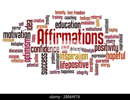 Affirmationen Wort Wolke Konzept auf weißem Hintergrund. Stockfoto