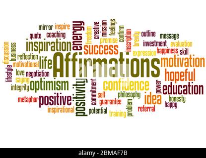 Affirmationen Wort Wolke Konzept auf weißem Hintergrund. Stockfoto